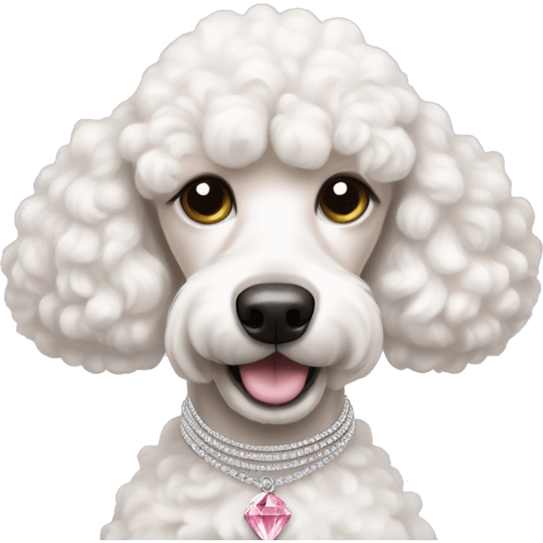 White poodle dog wearing a pink diamond necklace emoji