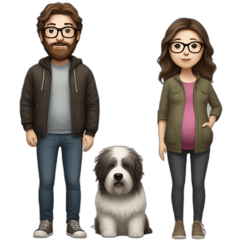 Hyperrealist pregnant girl with half long brown hair with glasses, a boy with long beard, glasses and short hair and english sheepdog emoji