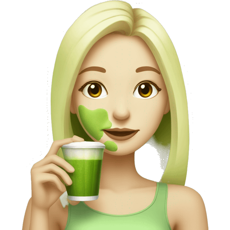 Blonde Girl drinking Matcha at the Matcha Hub emoji