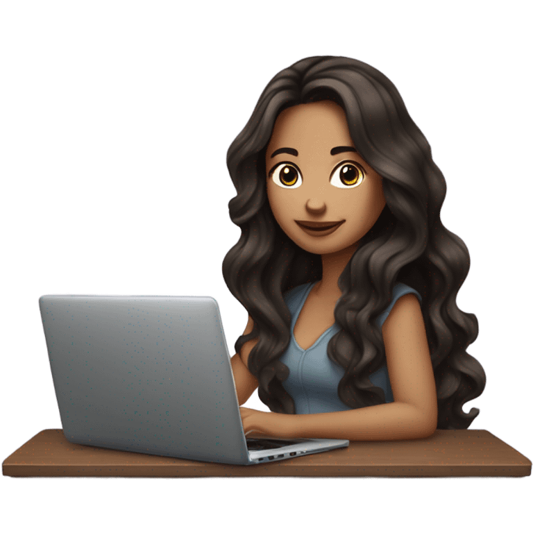 beautiful girl with long dark brown hair blow out, with laptop emoji