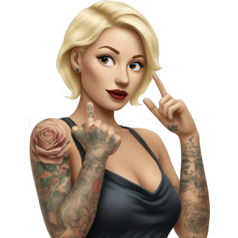 Blonde elegant women, her Body Covered with Tattoos, POINTING YOU with her ONE HAND , Hyper realistic emoji