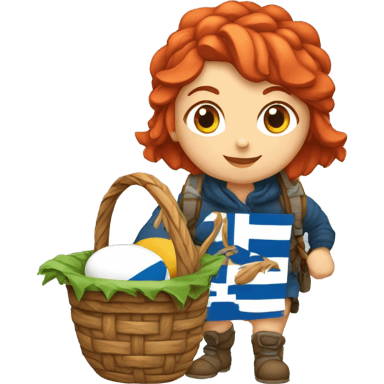 Greek red hair female winter mountaineer climbing with Easter eggsbasket and Greek flag emoji