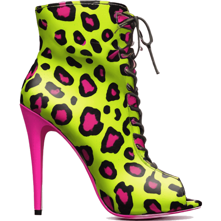 Realistic isolated top view of a pair of hot pink with lime green leopard spots peep toe high heel ankle bootie boots. emoji