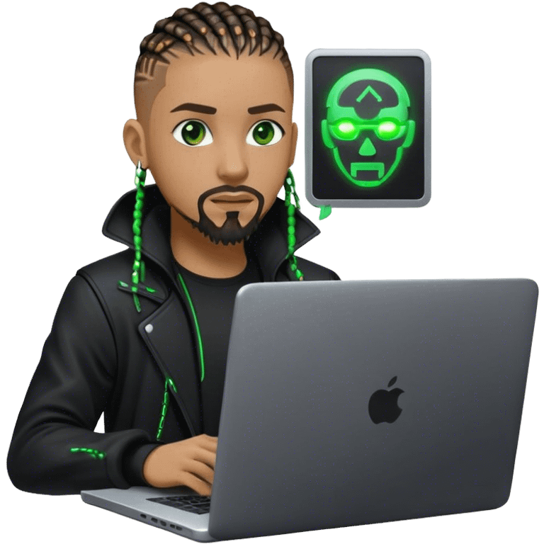 Light skinned African American male with green eyes as a cyberpunk hacker with cornrows hairstyle but short cornrows  with just goatee facial hair and no beard hacking/coding on laptop  emoji