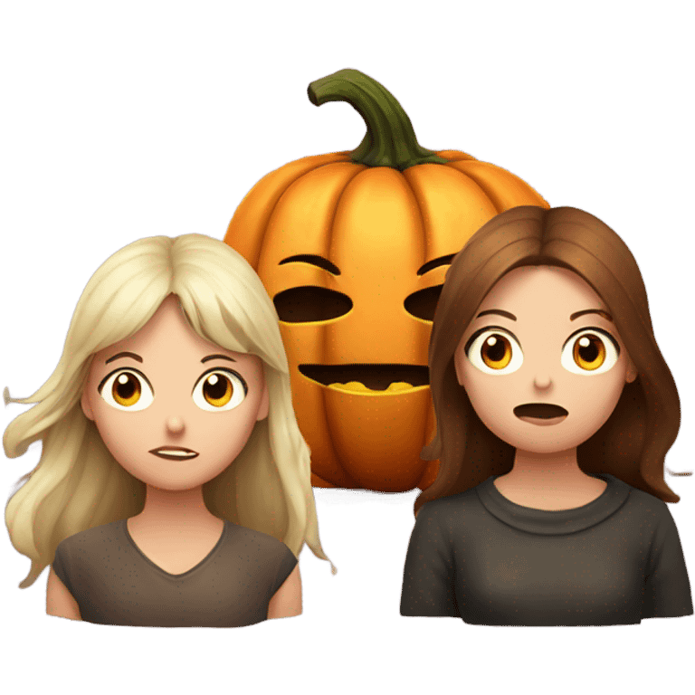 Rotten pumpkin next to 2 white young girls emoji