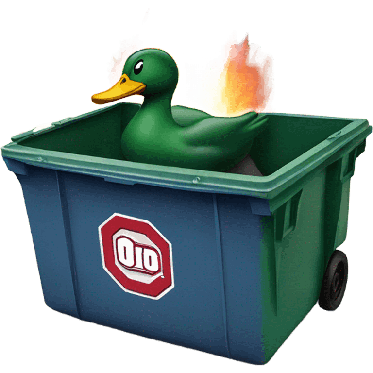 oregon duck in a dumpster fire with the ohio state university logo on the dumpster emoji