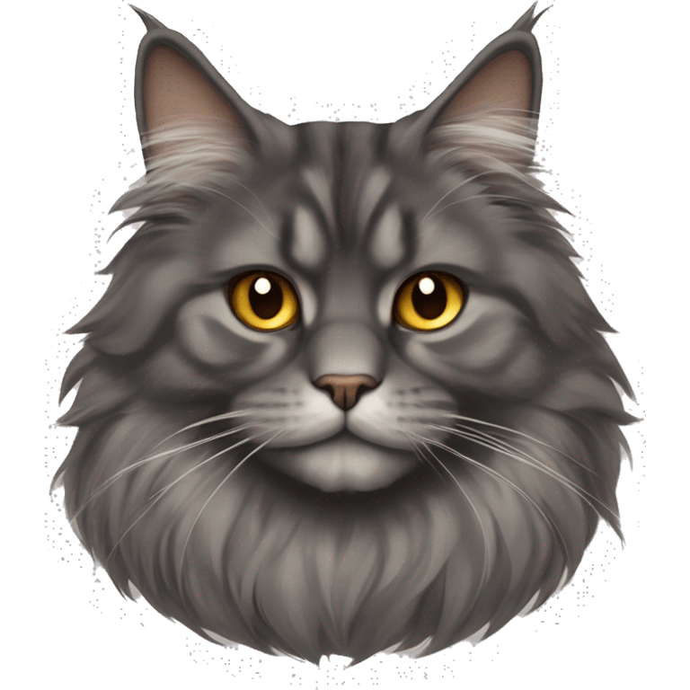 A Persian-Maine Coon mix with a thick, smoky-gray coat, round amber eyes, a flat, expressive face, and small, rounded ears. The fur is dense and fluffy, giving a plush and majestic appearance. emoji