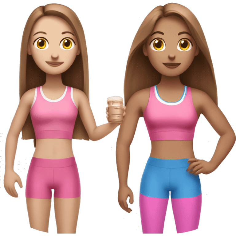 a girl with brown long straightened hair and blue eyes with pink leggings and pink sports top with a protein shake in her hand emoji