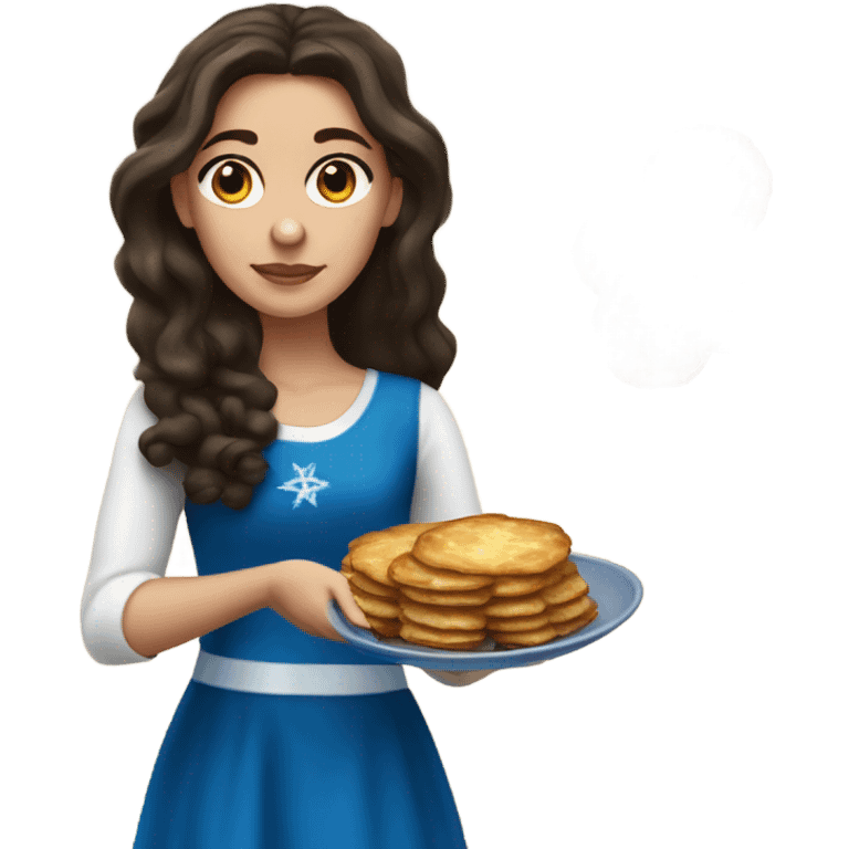 White girl in a dress for Hanukkah with long dark brown hair holding latkes emoji