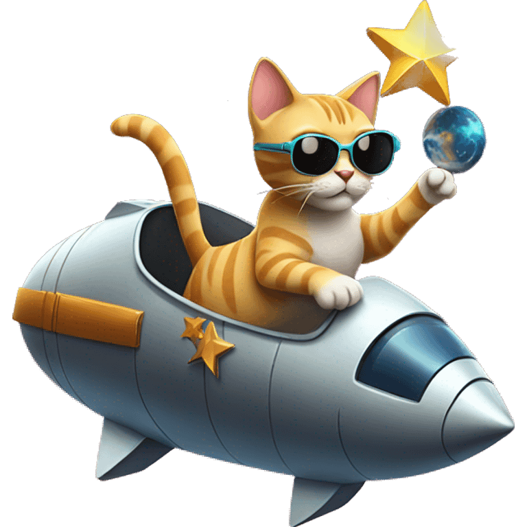 Cat with sunglasses and riding a comet and holding a star emoji