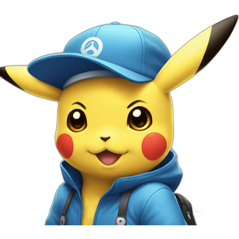 pikachu in blue train station suit wearing blue cap with pokemon symbol in the middle emoji