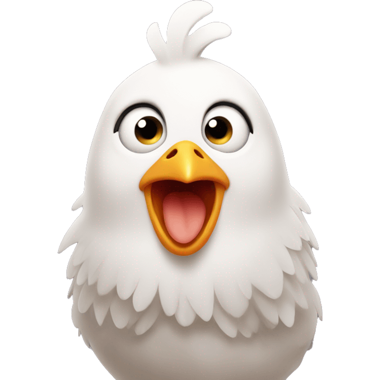 Cute chicken with surprised expression and exclamation mark hovering over head emoji