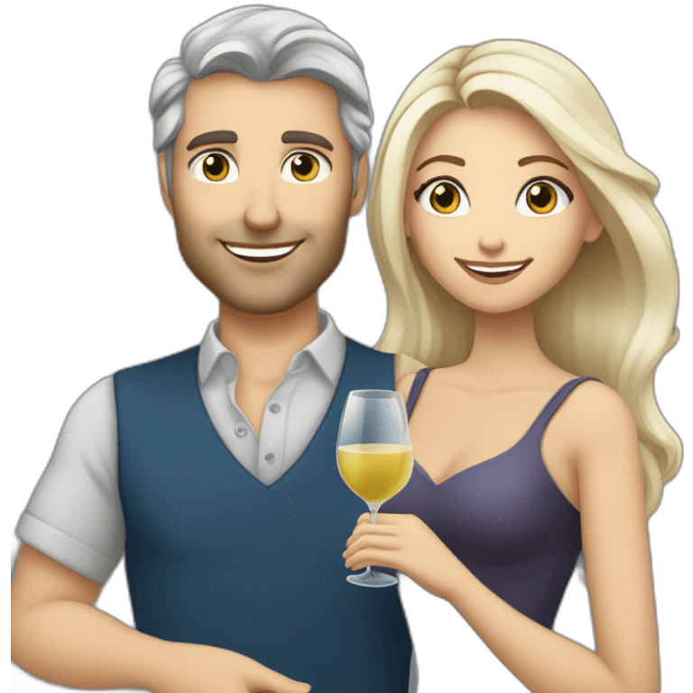 caucasian woman with brown eyes and blond medium long hair and a caucasian man with blue eyes and grey hair, toasting with a glass of white wine emoji