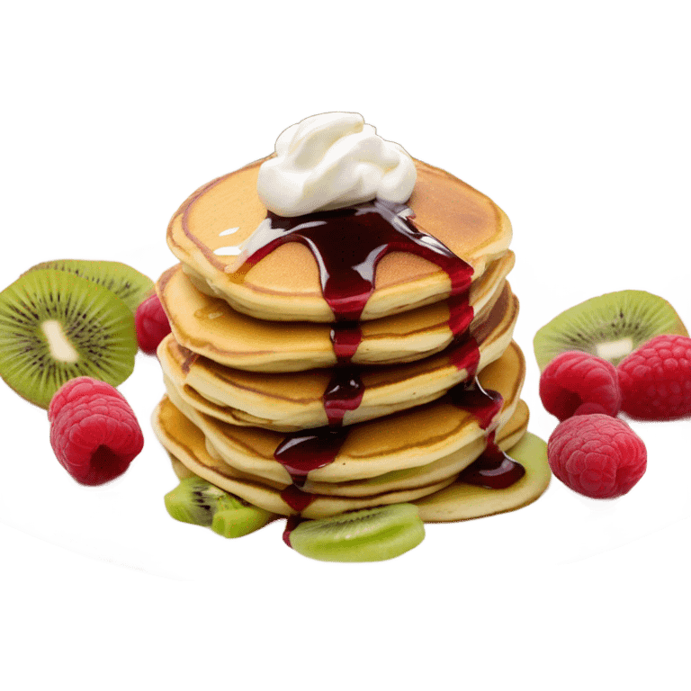 three pancakes with sour cream on top, raspberry jam and kiwi slices in a white plate emoji