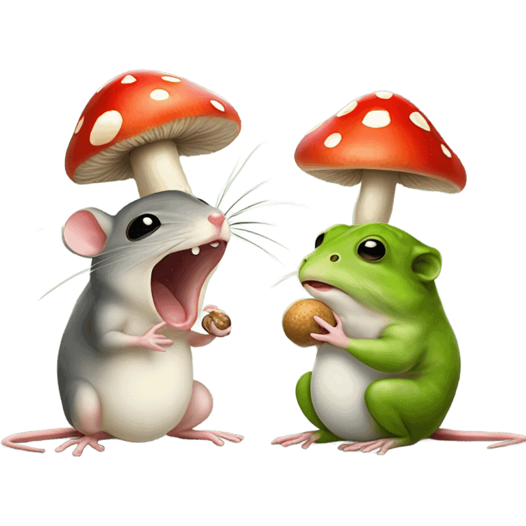 Tiny mouse opening his mouth larger than possible to eat the cap of a mushroom that is also attached to its stem, but the frog doesn't want to eat the stem emoji