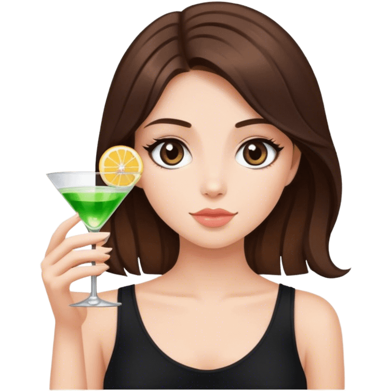 brunette hair down girl black top holding one cosmo emoji