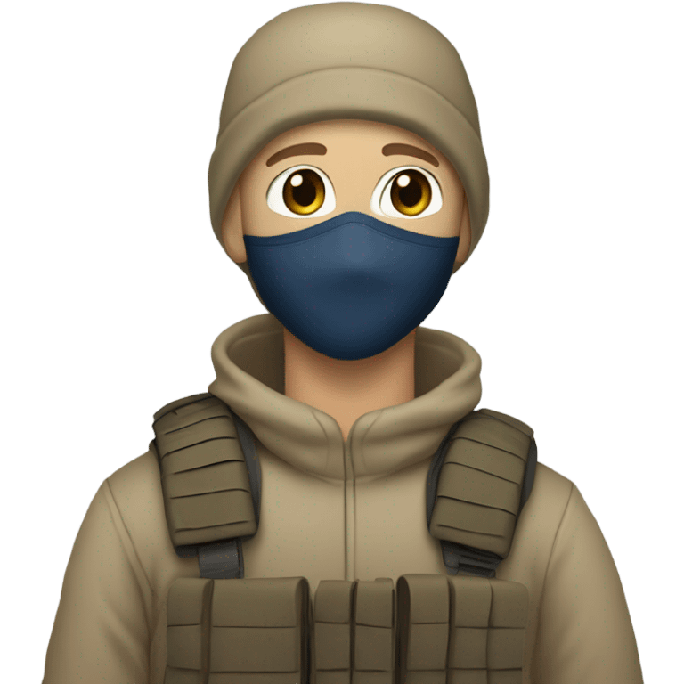 White male, face mask, tan tactical gear, combat boots, black beanie, blue eyes emoji