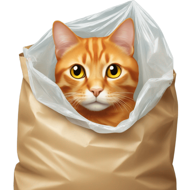 Orange cat with yellow eyes hiding inside of a plastic bag from up view emoji