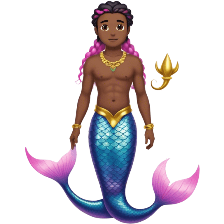 full body black man mermaid with pink ombré tail, wearing gold jewellery and has black hair that is middle part braids that cover his forehead  emoji