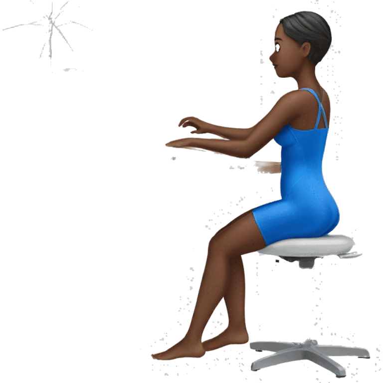 woman on standing desk with blue bathing suit emoji