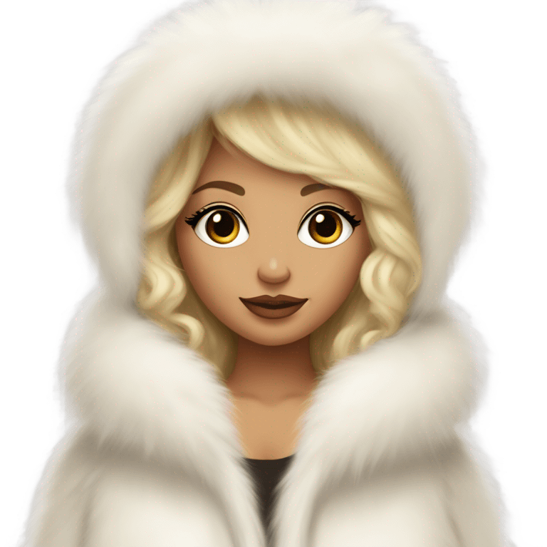 Tanned Girl with lashes , blonde hair, in an extremely big fluffy oversized white fur coat with hood on. The fur is real and it’s very obvious big and fluffy like in Pinterest  emoji