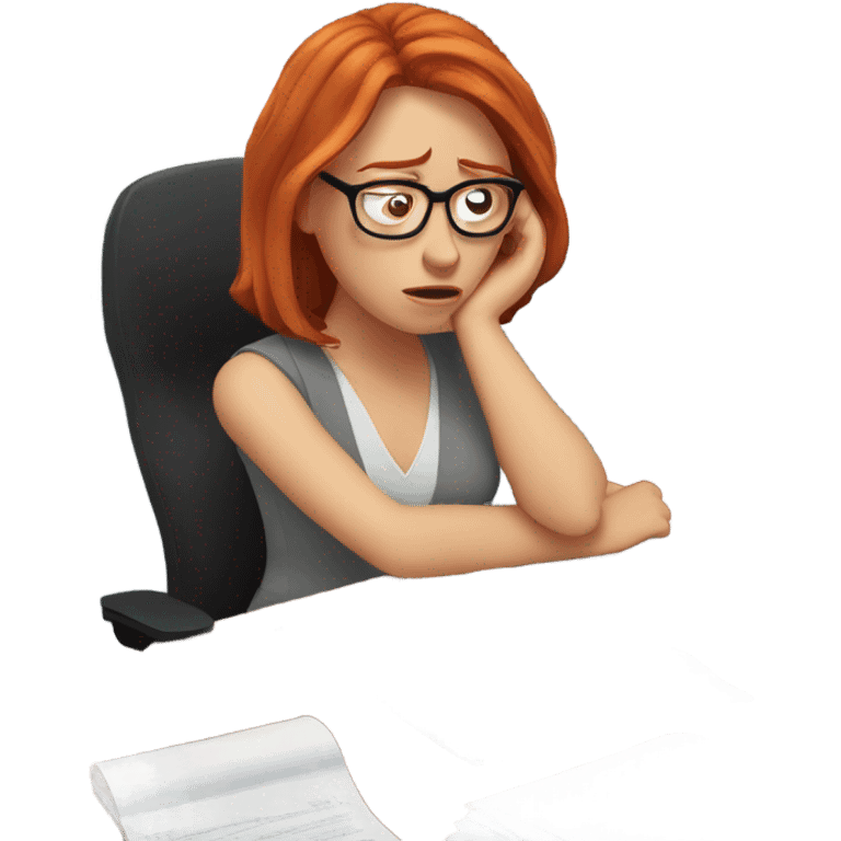 red hair woman wearing glasses sleeping frustrated desk monitor stack paper emoji