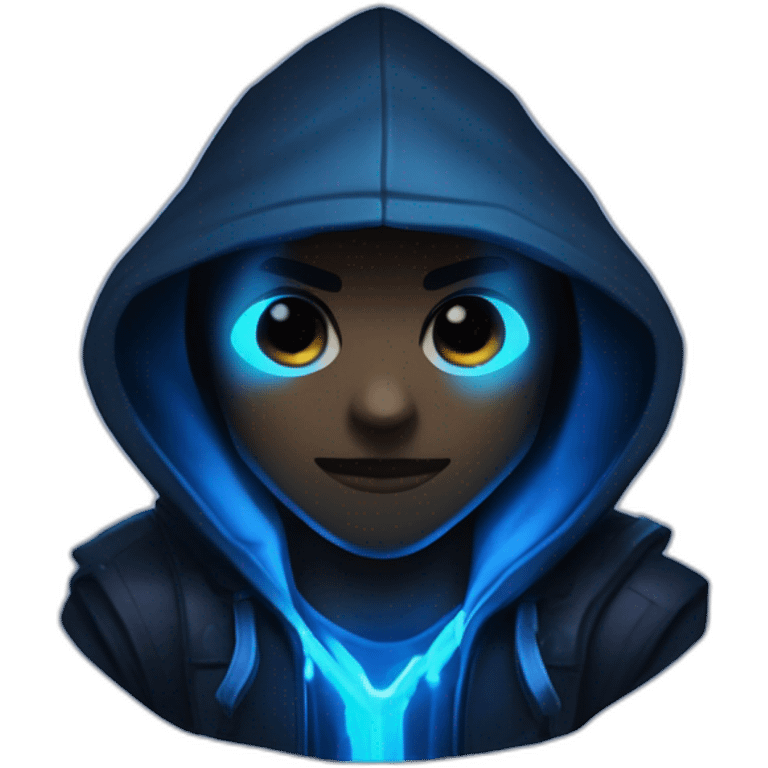 developer behind his laptop with this style : Riot Games Valorant dark blue glowing bright neon blue sparks black hooded assassin themed character emoji