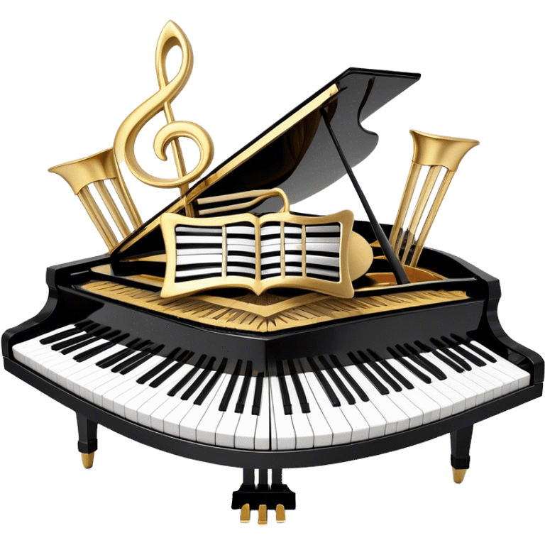 Create an elegant and festive emoji collage representing keyboard instruments, styled like a heraldic emblem. The design should feature a central focal point of black and white piano keys, arranged in a semi-circular or shield-like shape. Around the piano keys, add intertwining musical notes that form flowing ribbons, creating a dynamic and celebratory atmosphere. The design should be professional, with polished silver and gold accents on the keys and notes, highlighting the luxury and sophistication of the instruments. Add subtle shading and lighting effects to give the design a refined, 3D appearance. The background should remain transparent, and the overall feel should evoke grandeur, artistry, and a sense of celebration. emoji