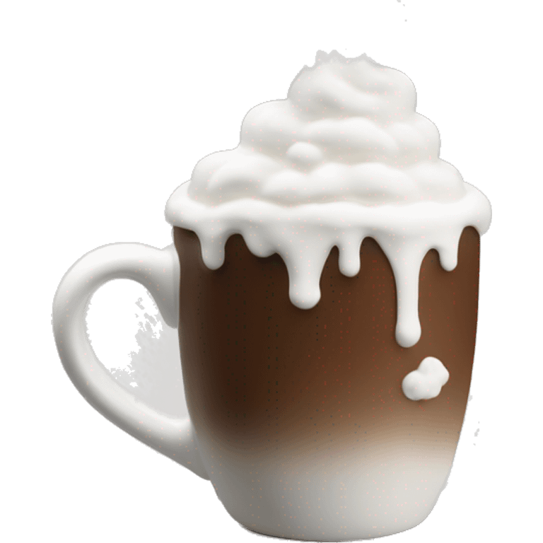 “A white ceramic mug filled with hot chocolate, topped with whipped cream and small clouds of steam rising.  emoji