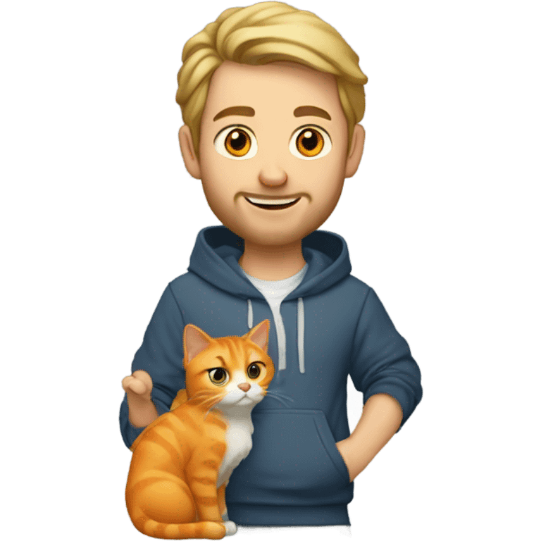 early 30s Caucasian male with dirty blonde shoulder length hair wearing a hoodie holding an orange cat ￼ emoji