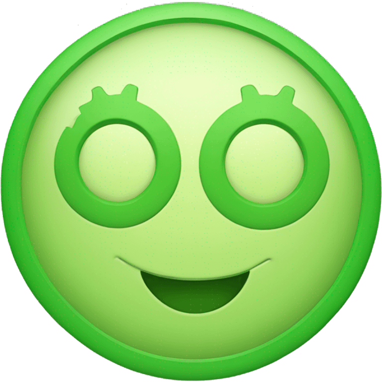 smiley image with green face as a circular outline, with two similar gear shapes as eyes and a curved smile emoji