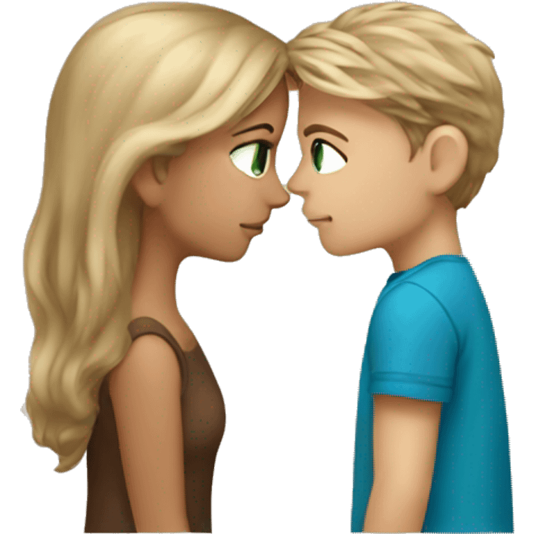 Girl with dirty blonde hair andgreenish blue eyes kissing boy with brown hair emoji