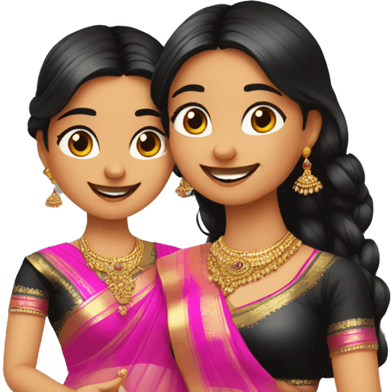 2 indians girls one in pink saree and other one is black saree clicking a selfie emoji