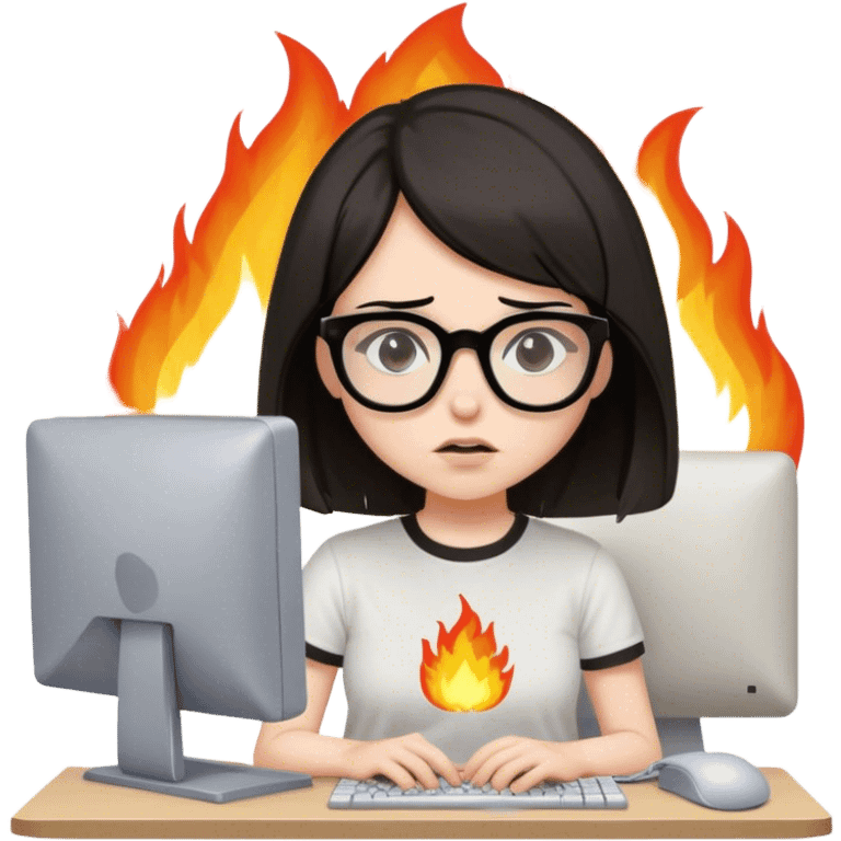 girl with black brown bob hair wearing glasses is having a brain fog while working on her old computer wearing a nirvana tshirt with fires on her head emoji