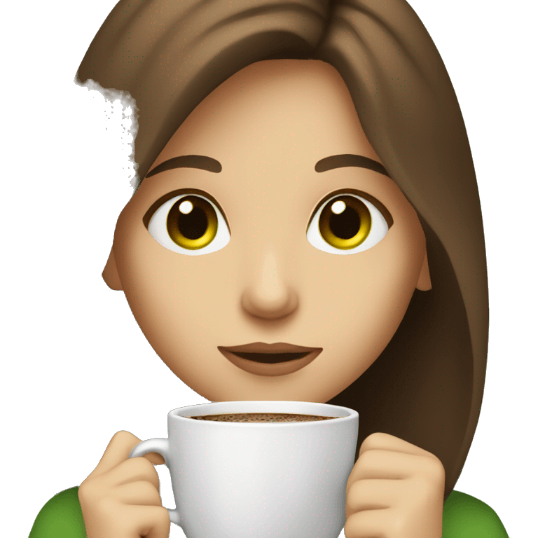 A girl with brown hair and green eyes is drinking coffee emoji