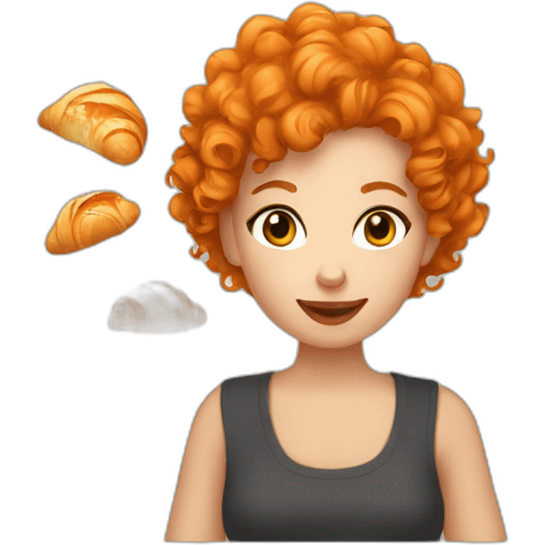 Orange short curly hair girl eating croissant emoji