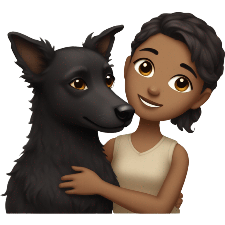 girl with dark brown hair and light brown skin and dark brown eyes cuddling a cute black fluffy kelpie with light brown spots and pointy ear emoji