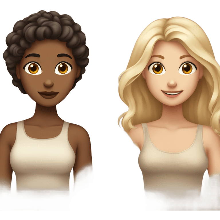 Girlfriends, one with brown eyes, dark hair and tanned skin, and the other with blond hair, blue eyes and fair skin emoji