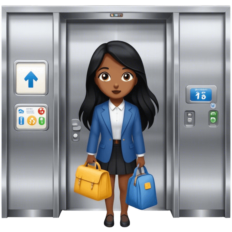 Going down an elevator ready for work with lunchbox and tote bag girl with black long hair  emoji