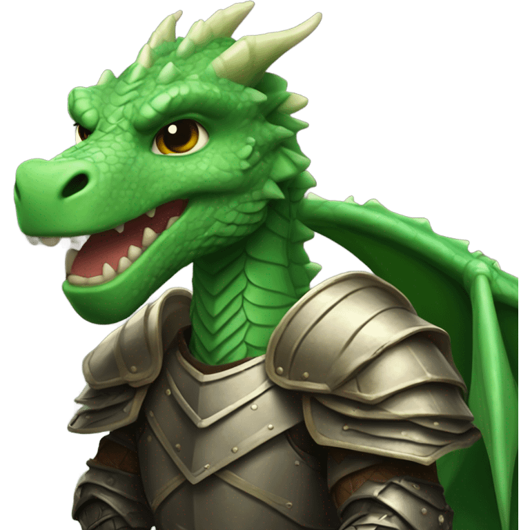 Confident armored White Man with dark brown hair and a short beard riding on the back of a giant green dragon emoji