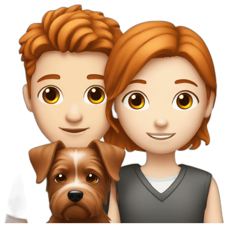 Brown haired boy and ginger haired girl with black westie emoji