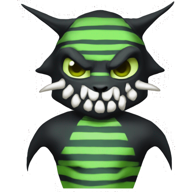 Digimon-Fakémon, horns, black body, green mane, anthro, furry, shark, black skull face, black skull mask, green stripes, tufted tail,  emoji