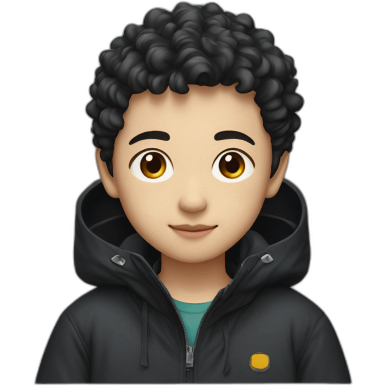 Chinese boy with short and slightly naturally curly hair wearing a black oversize waterproof jacket emoji