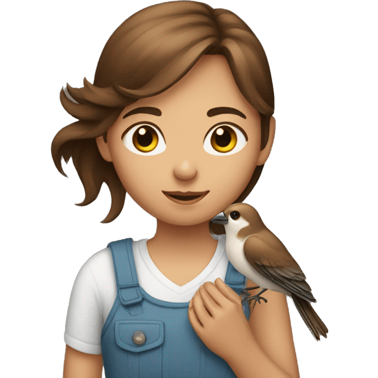 A brown haired girl holding a bird emoji