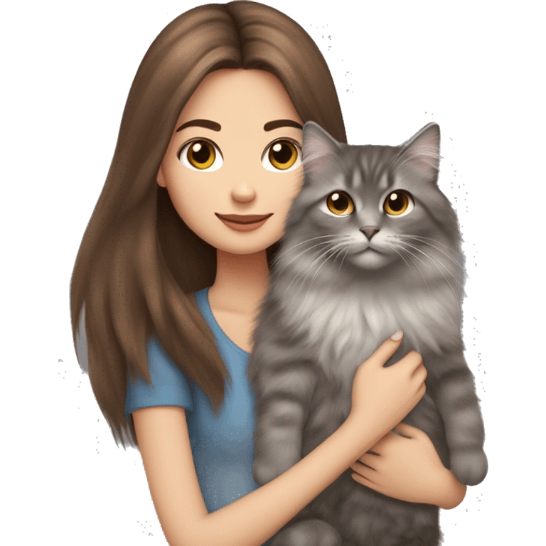  Chestnut brown straight hair girl holding fluffy Siberian gray cat  emoji