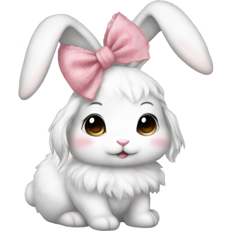 coquette aesthetic, fluffy white bunny with its eyes closed, wearing a pretty pink hair bow with white lace on top of its head between its ears emoji