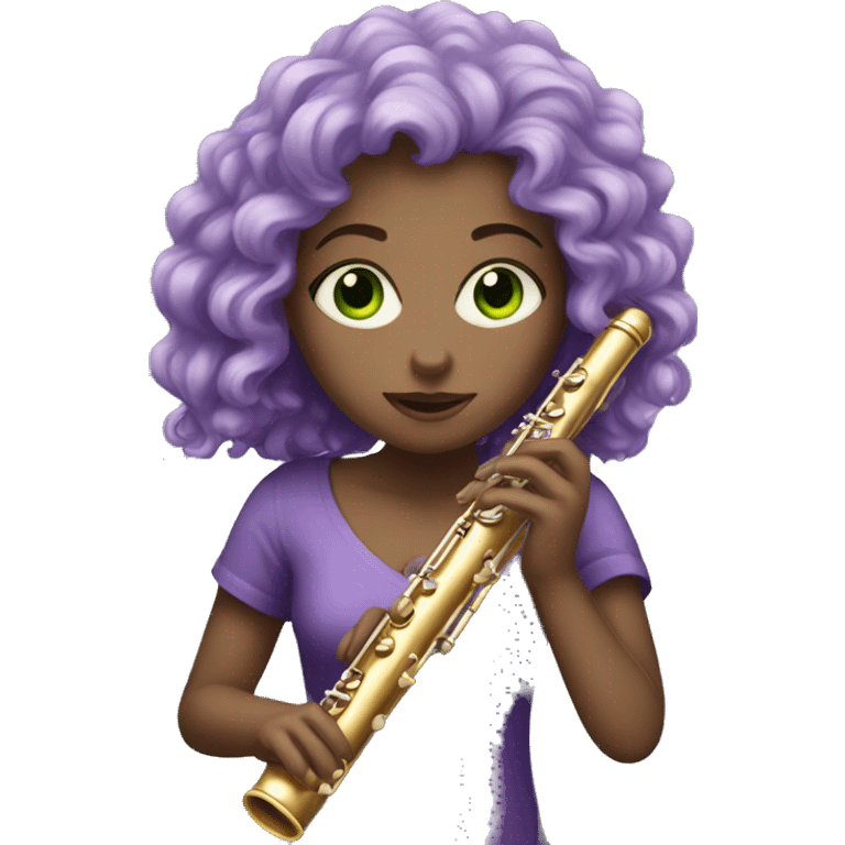 Pale Girl with purple curly hair and green eyes playing flute emoji