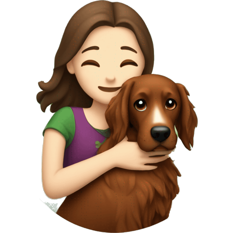 Brunette white girl hugging an irish setter dog emoji