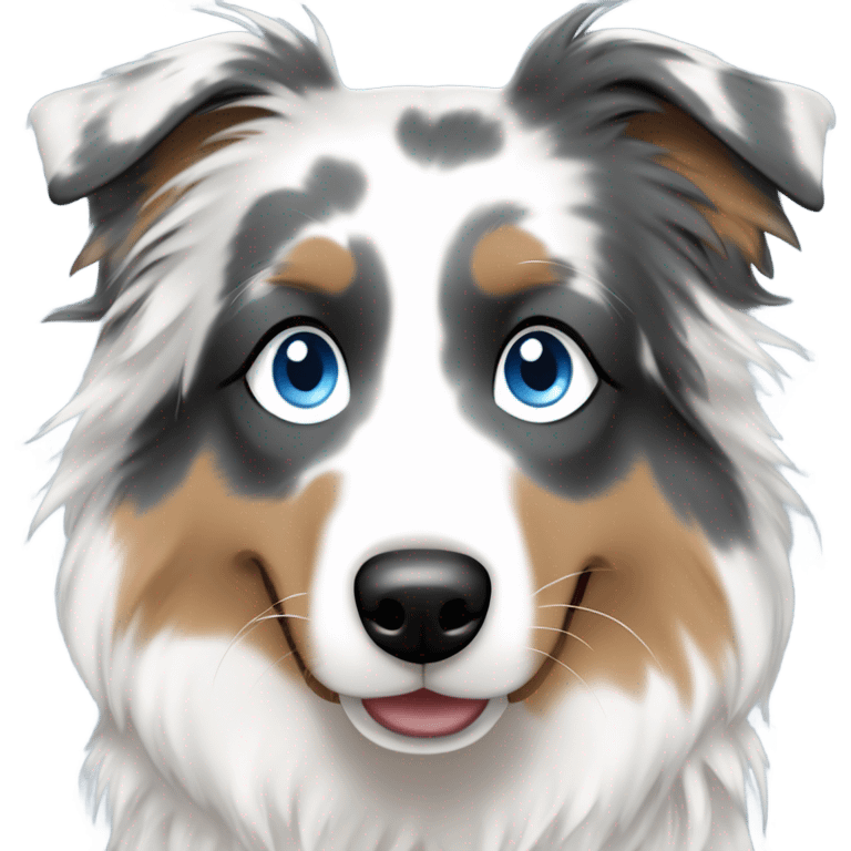 woman with blue eyes and long straight blonde hair and big boobs is holding a very fluffy blue eyes, blue merle australian shepherd  emoji