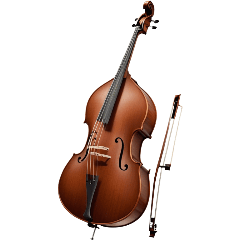 Create an elegant and detailed emoji representing a Gliga Gama double bass with bow. The design should showcase the large, sleek body of the double bass with its rich wood finish, including the characteristic curves and deep tone holes. The bow should be elegantly positioned next to the instrument, highlighting the hair and smooth wooden stick. Use warm wood tones like chestnut brown for the body of the bass, silver accents for the fittings, and dark brown for the bow. Add subtle musical notes or sound waves flowing from the bass to represent its deep, resonant sound. The background should be transparent. emoji